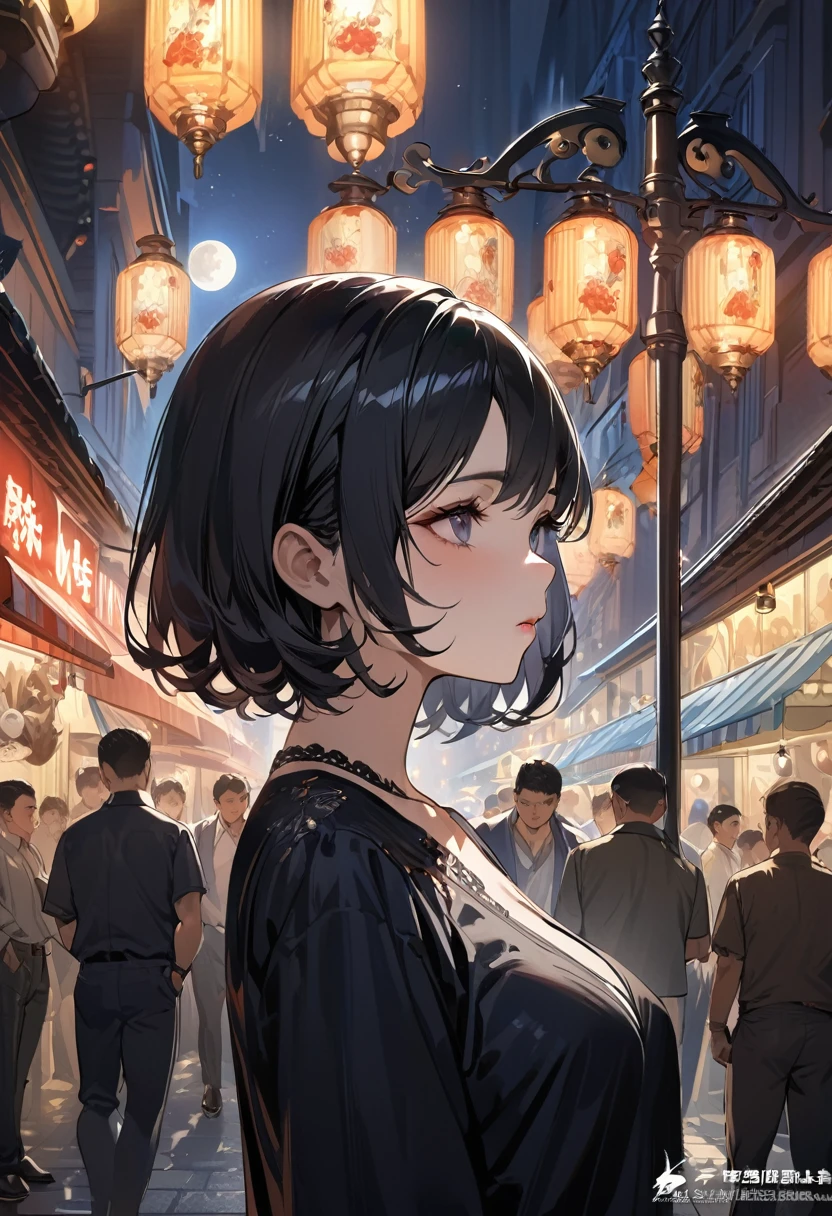 masterpiece, Highest quality, Miranda, (Half Body Shot,Street lamp,moon),masterpiece, One girl, Solo Exhibitions, Beautiful woman on a busy street, Surrounded by peddlers, Beautiful Goddess Girl Portrait, Beautiful and elaborate face, Porcelain-like skin, (((Bust Shot, center, night, Black Hair, short hair)), Very soft lighting, Symmetric, complicated, grace, Attention to detail, realism, art, concept art, 