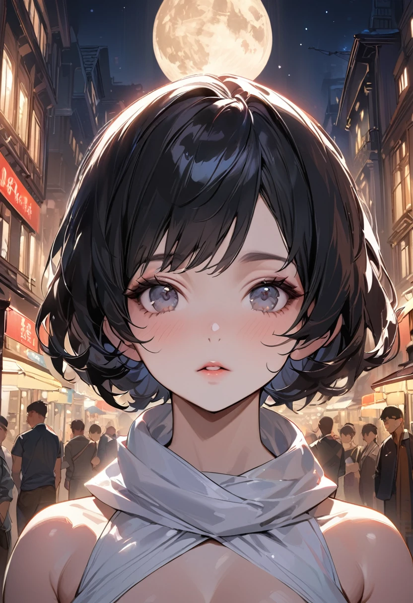 masterpiece, Highest quality, Miranda, (Half Body Shot,Street lamp,moon),masterpiece, One girl, Solo Exhibitions, Beautiful woman on a busy street, Surrounded by peddlers, Beautiful Goddess Girl Portrait, Beautiful and elaborate face, Porcelain-like skin, (((Bust Shot, center, night, Black Hair, short hair)), Very soft lighting, Symmetric, complicated, grace, Attention to detail, realism, art, concept art, 
