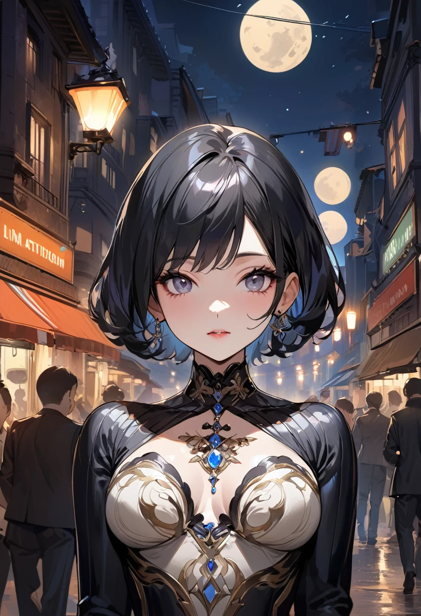 masterpiece, Highest quality, Miranda, (Half Body Shot,Street lamp,moon),masterpiece, One girl, Solo Exhibitions, Beautiful woman on a busy street, Surrounded by peddlers, Beautiful Goddess Girl Portrait, Beautiful and elaborate face, Porcelain-like skin, (((Bust Shot, center, night, Black Hair, short hair)), Very soft lighting, Symmetric, complicated, grace, Attention to detail, realism, art, concept art,