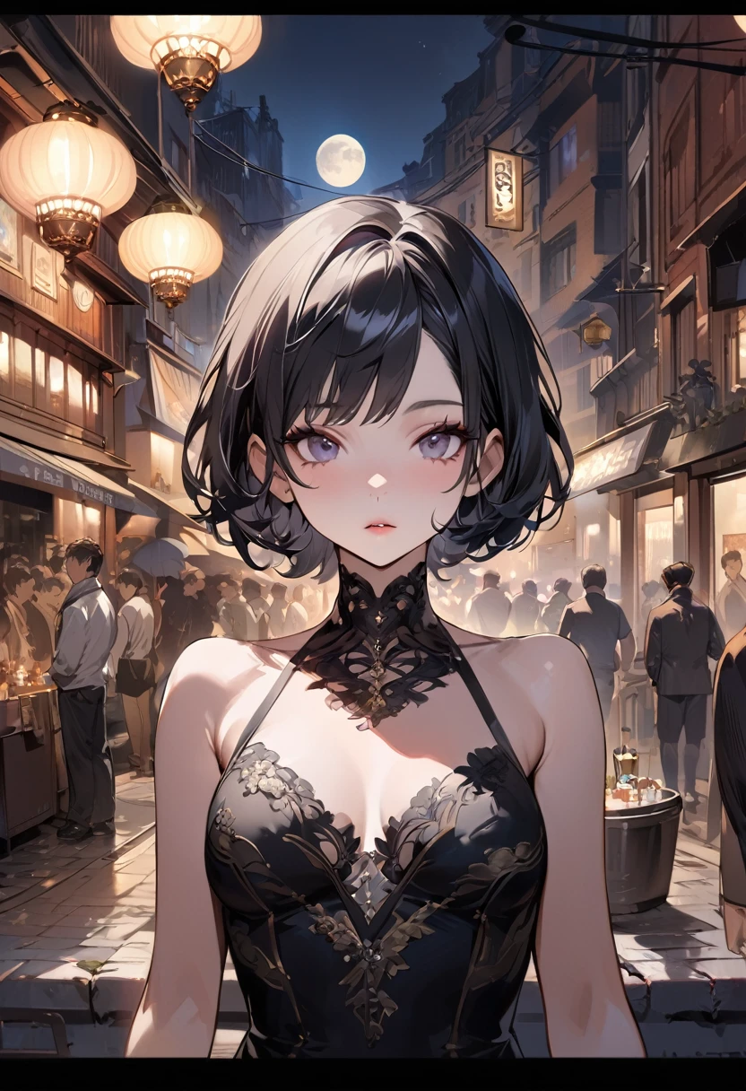 masterpiece, Highest quality, Miranda, (Half Body Shot,Street lamp,moon),masterpiece, One girl, Solo Exhibitions, Beautiful woman on a busy street, Surrounded by peddlers, Beautiful Goddess Girl Portrait, Beautiful and elaborate face, Porcelain-like skin, (((Bust Shot, center, night, Black Hair, short hair)), Very soft lighting, Symmetric, complicated, grace, Attention to detail, realism, art, concept art,