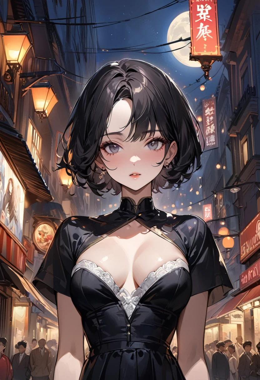 masterpiece, Highest quality, Miranda, (Half Body Shot,Street lamp,moon),masterpiece, One girl, Solo Exhibitions, Beautiful woman on a busy street, Surrounded by peddlers, Beautiful Goddess Girl Portrait, Beautiful and elaborate face, Porcelain-like skin, (((Bust Shot, center, night, Black Hair, short hair)), Very soft lighting, Symmetric, complicated, grace, Attention to detail, realism, art, concept art,