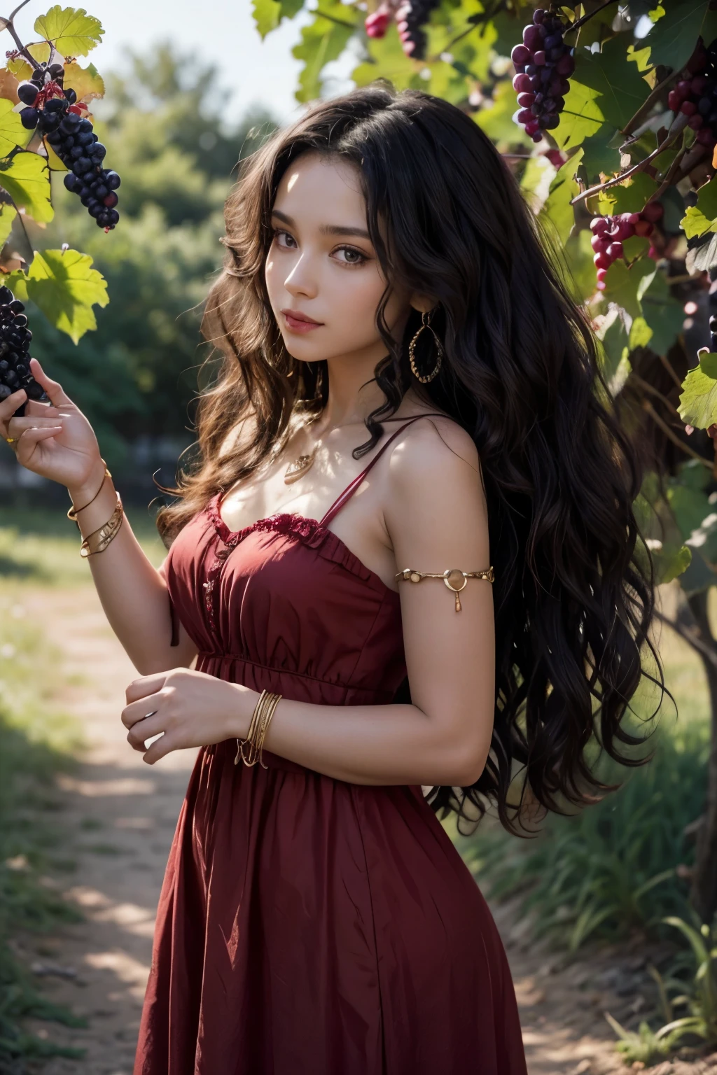 Black woman with long curly hair, red dress and wearing a gypsy bracelet, Harvesting grapes 