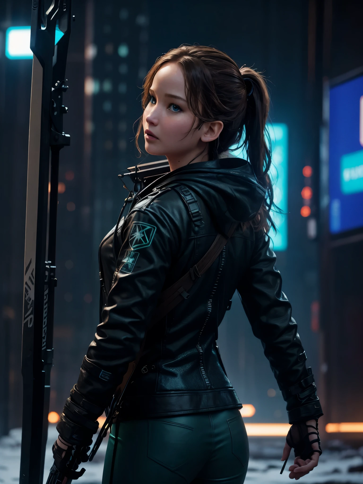 Photorealistic, high fidelity, RTX. Imagine Jennifer Lawrence as a  girl from the Hunger Games, turned to the back, behind shot, with a crossbow and arrows, exploring a snowy landscape in a cyberpunk city. Neon lights and holograms create a winter wonderland with a futuristic twist. Her stylish outfit and energetic pose showcase her adventurous spirit and love for cyberpunk winter adventures.