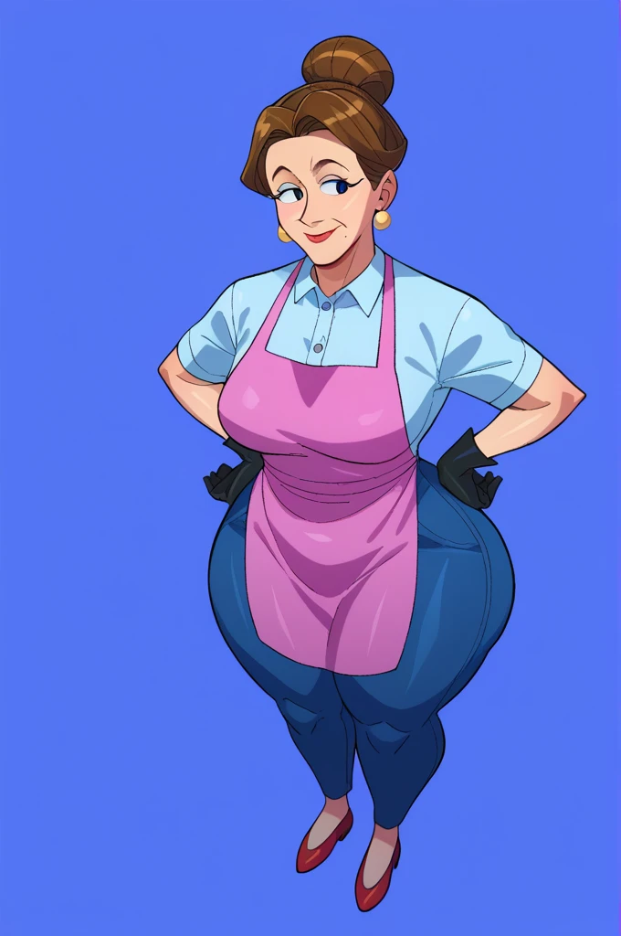 score_9, score_8_above, score_7_above, BREAK, 1 girl, Alone, old, dextersmom, makeabove, jewelry, gloves, shirt, apron, aboveper body, portrait, mature woman, simple background, thick thighs, Wide hips, big ass, slightly showing the crack in the butt, showing big butt,