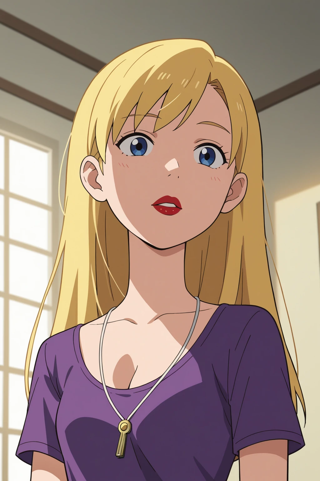 score_9, score_8_up, score_7_up, source_anime, best quality, high resolution, masterpiece, absurdres,vector trace,anime screencap, key art style, cinematic lighting, morning, 1girl, solo, standing, (upper body, close-up), cdamco, connie d'amico, blonde hair, long hair, red lips, purple shirt, teenager, bust, cleavage