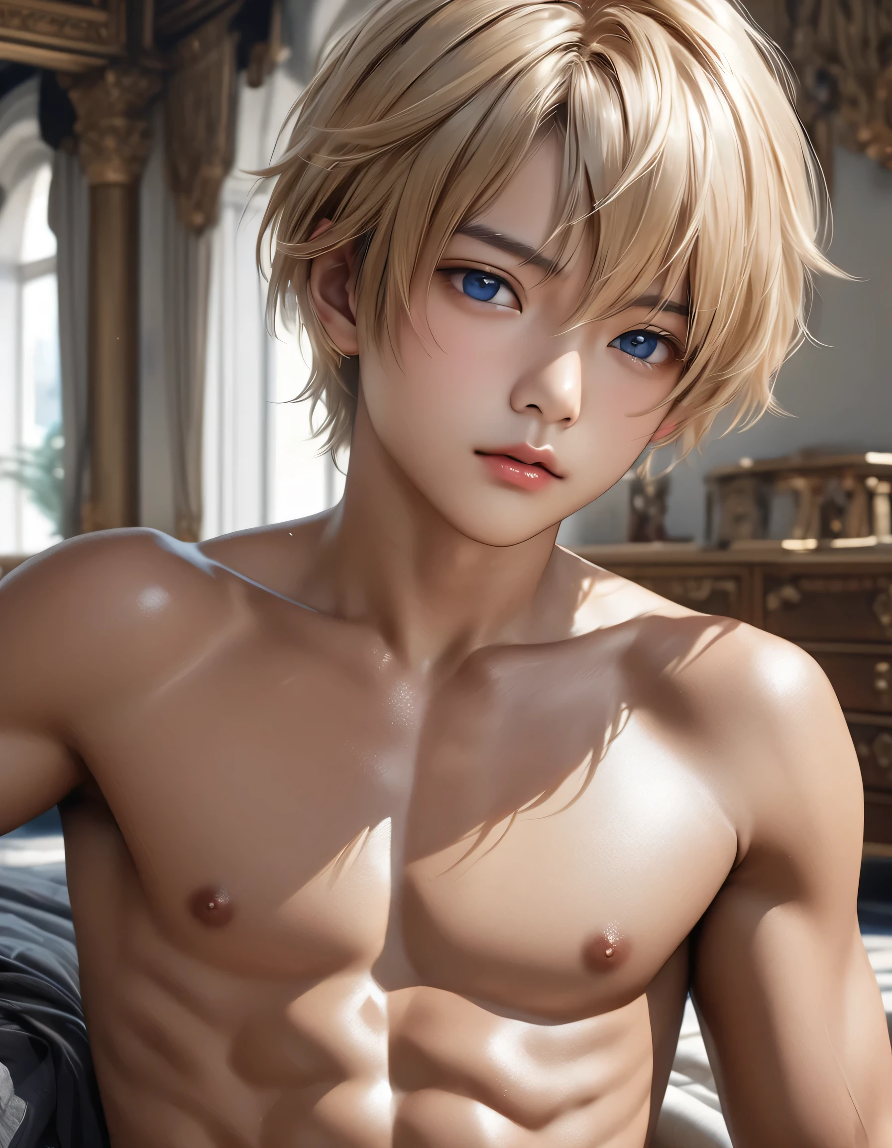 high quality, detailed, photo Realistic,( tanned asian school boys), (detailed blue eyes), (blond short hair),(abs),(tanned dark brown shiny skin:1.4), flat chest, black tiny thong,(detailed nipples), palace bedroom, (best quality,4k,8k,highres,masterpiece:1.2), (face close up:0.8),(realistic,photorealistic,photo-realistic:1.37),