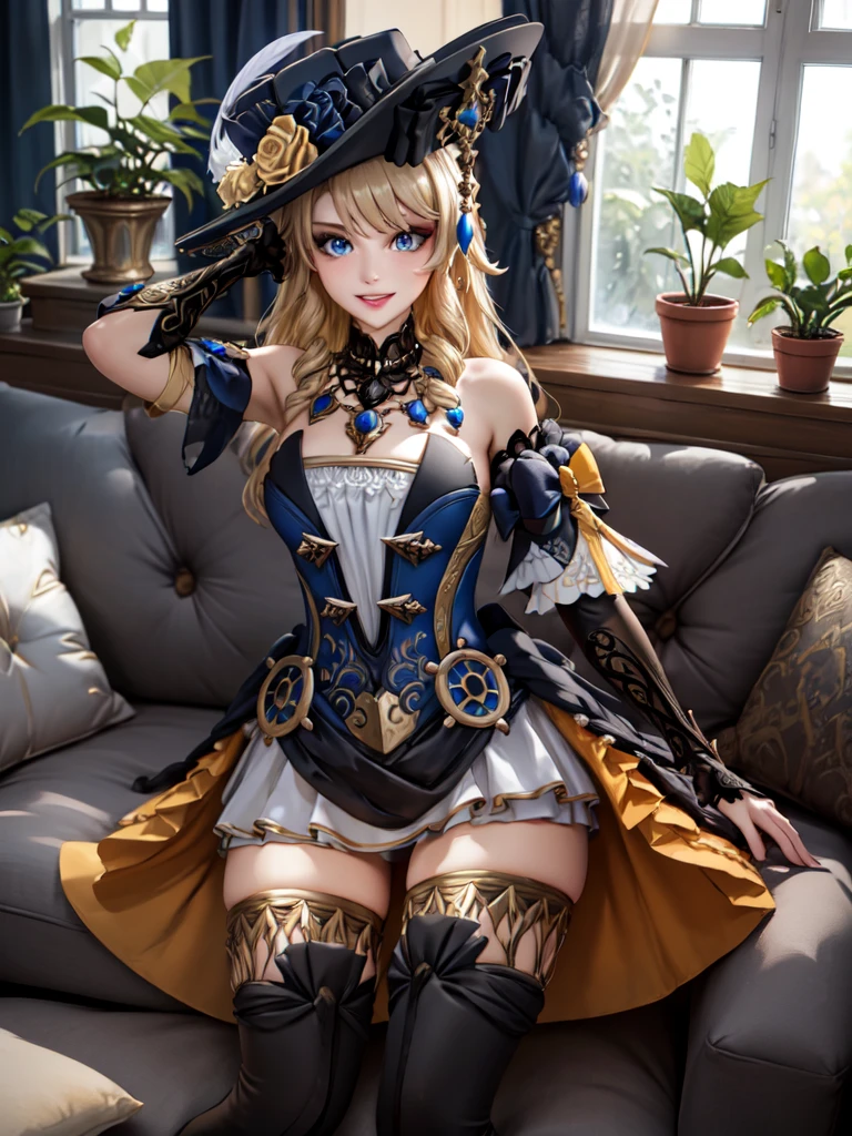 (masterpiece, best quality, detailed), 1girl, solo, blue eyes, drill hair, bangs, looking at viewer, long hair, dress, hat, hat flower, hat feather, jewelry, flower, gloves, detached sleeves, elbow gloves, hat feather, thighhighs, thigh boots,
indoors, couch, pillow, window, curtains, potted plant, dutch angle, on back, arms behind head, smile, parted lips