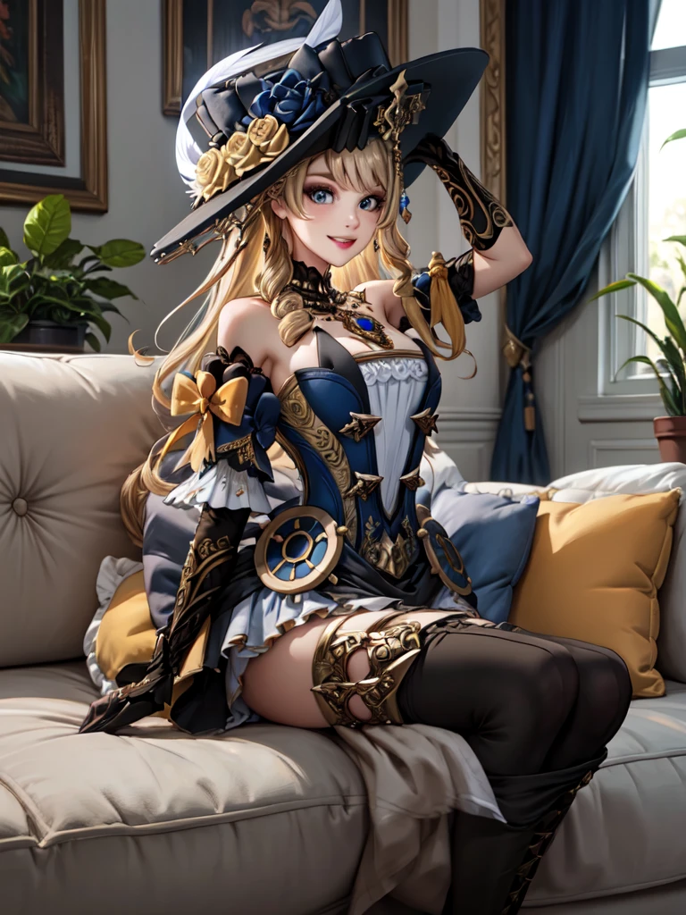 (masterpiece, best quality, detailed), 1girl, solo, blue eyes, drill hair, bangs, looking at viewer, long hair, dress, hat, hat flower, hat feather, jewelry, flower, gloves, detached sleeves, elbow gloves, hat feather, thighhighs, thigh boots,
indoors, couch, pillow, window, curtains, potted plant, dutch angle, on back, arms behind head, smile, parted lips