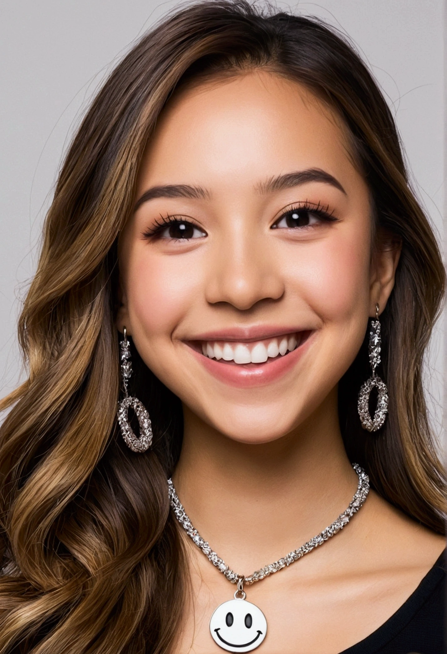 smiling woman with a smiley face on her face and a necklace, pokimane, isabela moner, tiktok video, she is smiling and excited, she has a cute face, she has a cute expressive face, she is smiling and happy, she is smiling, she is laughing, ruan cute vtuber, she expressing joy, fernanda suarez