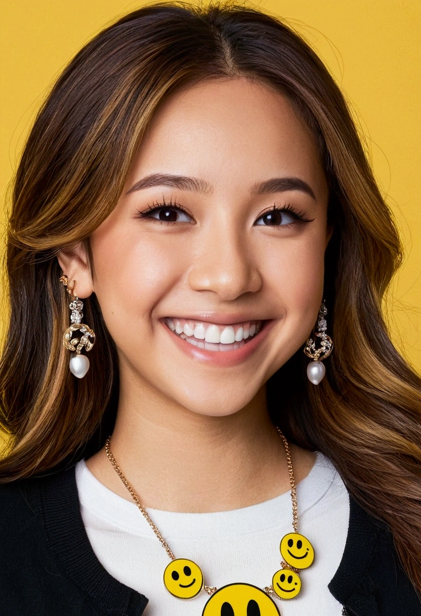 smiling woman with a smiley face on her face and a necklace, pokimane, isabela moner, tiktok video, she is smiling and excited, she has a cute face, she has a cute expressive face, she is smiling and happy, she is smiling, she is laughing, ruan cute vtuber, she expressing joy, fernanda suarez