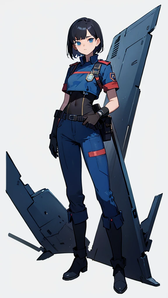 1,An android that resembles a human,Deep blue eyes,Short black hair,Dark blue uniform,Island symbol on chest,Red armband on right arm,gloves,Dark blue pants for easy movement,Many side pockets,Black leather boots,badge,White background,whole body,Character portrait,