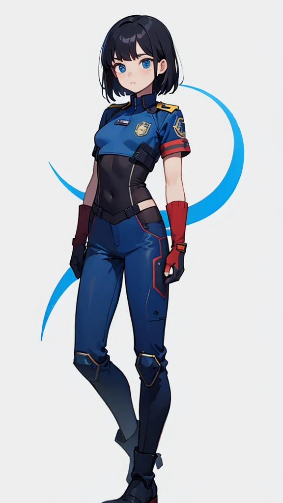 1,An android that resembles a human,Deep blue eyes,Short black hair,Dark blue uniform,Island symbol on chest,Red armband on right arm,gloves,Dark blue pants for easy movement,Many side pockets,Black leather boots,badge,White background,whole body,Character portrait,
