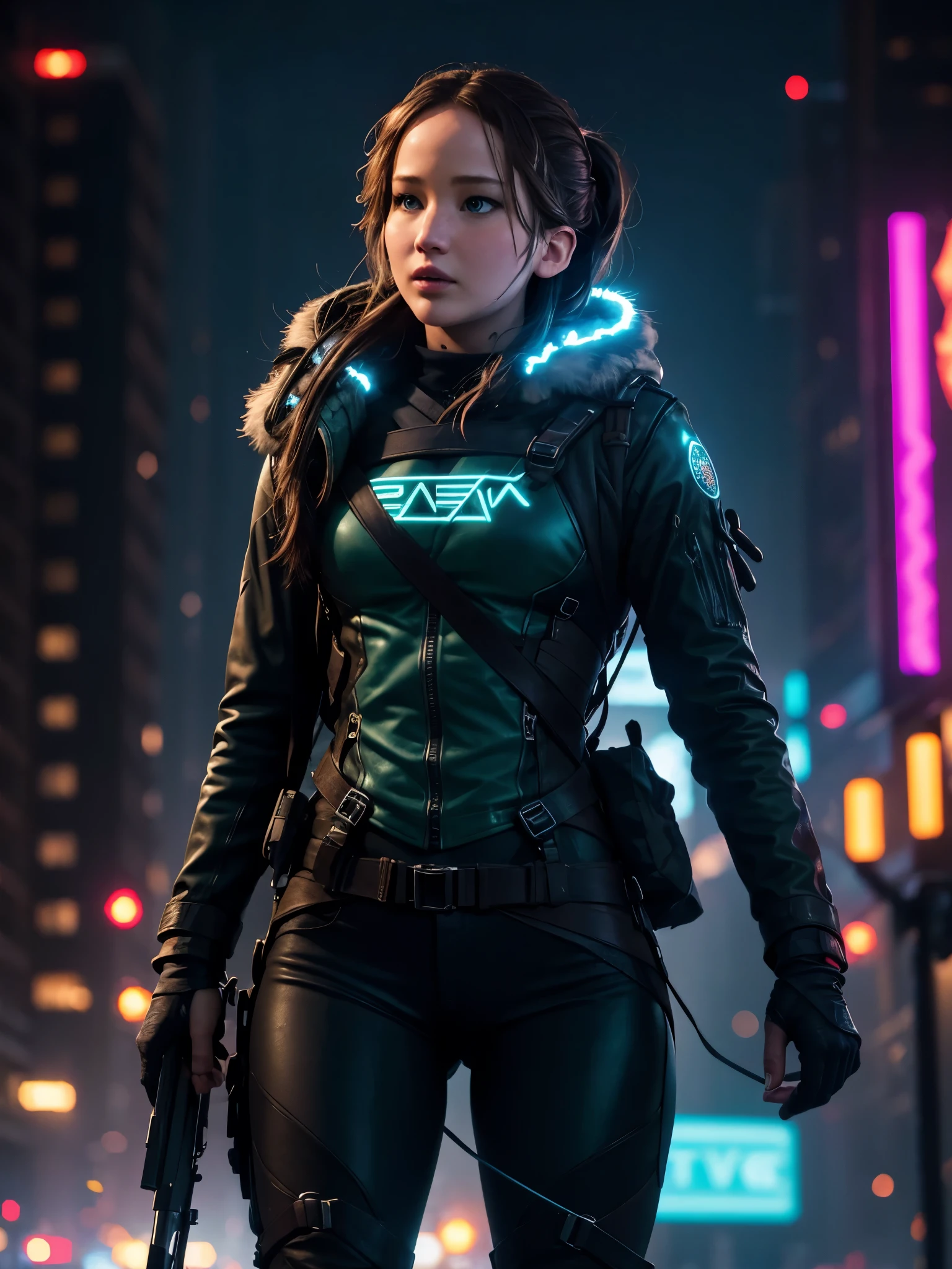 Photorealistic, high fidelity, RTX. Imagine Jennifer Lawrence as a  girl from the Hunger Games, turned to the back, behind shot, with a crossbow and arrows, exploring a snowy landscape in a cyberpunk city. Neon lights and holograms create a winter wonderland with a futuristic twist. Her stylish outfit and energetic pose showcase her adventurous spirit and love for cyberpunk winter adventures.