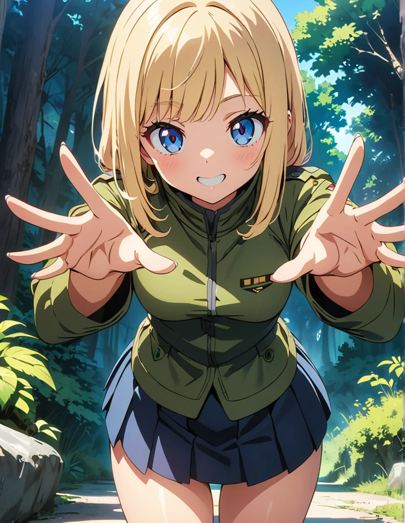 (anime artwork, anime style, studio anime, very detailed, up to date, vibrant, Anime Coloring, high contrast, masterpiece:1.2, best quality, best aesthetics),2 girl,hug from behind,army suit, pleated skirt, Medium chest, A glimpse of thighs,random hair, One eye is hidden by the bangs, perfect proportions, high detail skin, Cute, detailed faces,forest, precise fingers,panty shot ,roll over,supine pose