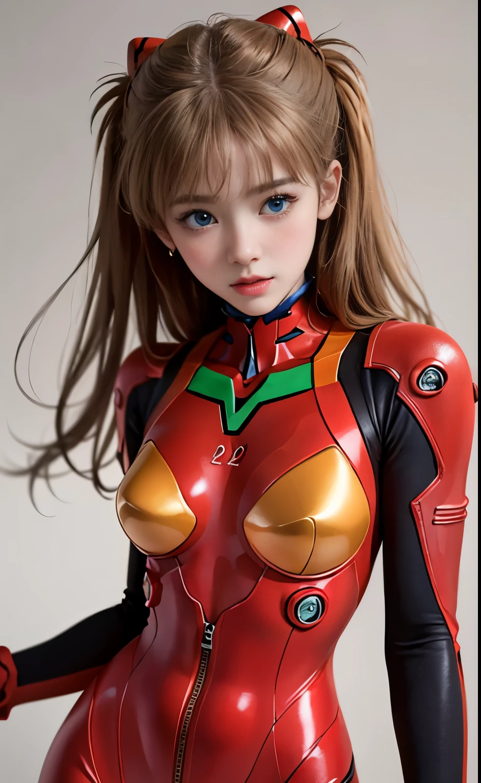 (masterpiece:1.4、Highest quality)、(Intricate details)、Unity8k wallpaper、Ultra-detailed、Beautiful and mysterious、Detailed Background、Realistic、solo、Perfectly detailed face、Detailed blue eyes、Very detailed、blush、hair ornamentahogany Hair Chignon、(Blonde)、Plug Suit 02,Shikinami Asuka Langley、Evangelion、Looking into the camera、Look forward、cute、(Beautiful thighs)、Full Body Suit、Black Background、Large Breasts