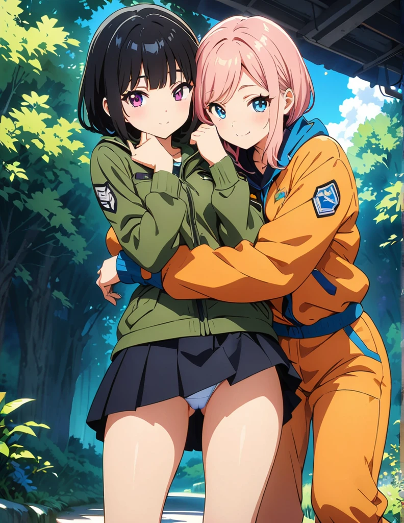 (anime artwork, anime style, studio anime, very detailed, up to date, vibrant, Anime Coloring, high contrast, masterpiece:1.2, best quality, best aesthetics),2 girl,hug from behind,army suit, pleated skirt, Medium chest, A glimpse of thighs,random hair, One eye is hidden by the bangs, perfect proportions, high detail skin, Cute, detailed faces,forest, precise fingers,panty shot ,roll over,supine pose