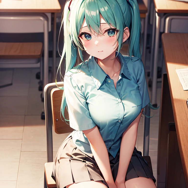 Evening Classroom、Sitting at a desk、Short sleeve shirt for 、Facing forward and looking up、Her shirt is open and her breasts are visible、Hatsune Miku