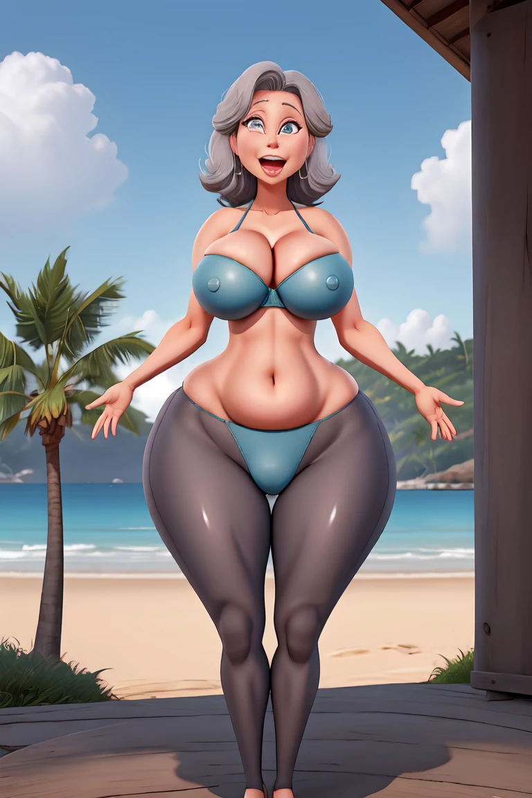 1girl, elderly,gilf, grey hair, sexy figure, ssbbw,gilf, micro bikini, see through bikini, (shot from below), sagging breasts, underboobs, (skindentation:1.4), showing cleavage , massive ass, insanely inflated hips,very large bosum,largest haunches, ahegao face, beach background