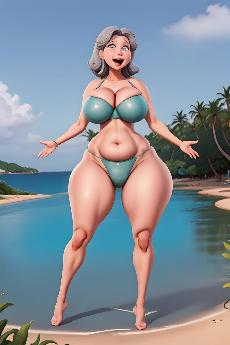 1girl, elderly,gilf, grey hair, sexy figure, ssbbw,gilf, micro bikini, see through bikini, (shot from below), sagging breasts, underboobs, (skindentation:1.4), showing cleavage , massive ass, insanely inflated hips,very large bosum,largest haunches, ahegao face, beach background