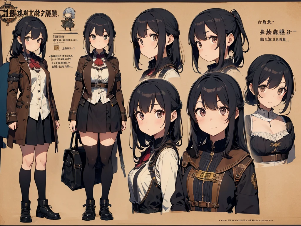 Distant eyes、Big Mouth、Low Nose、steampunk、Three-dimensional view、Front, side and back view、Character Sheet、Standing woman