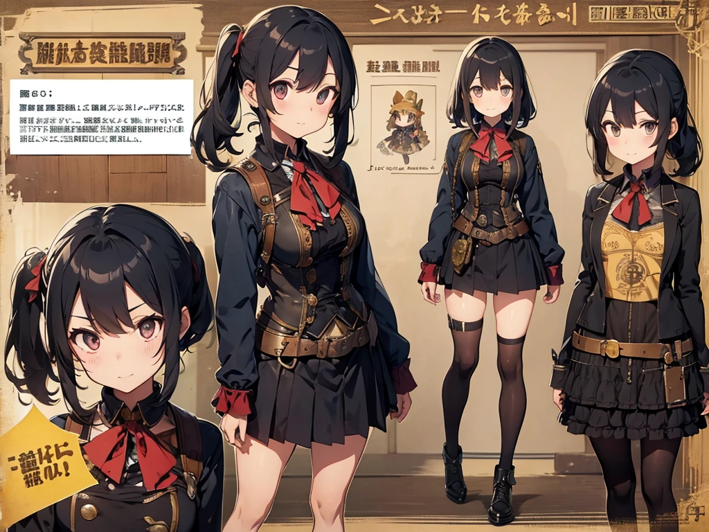 Distant eyes、Big Mouth、Low Nose、steampunk、Three-dimensional view、Front, side and back view、Character Sheet、Standing woman