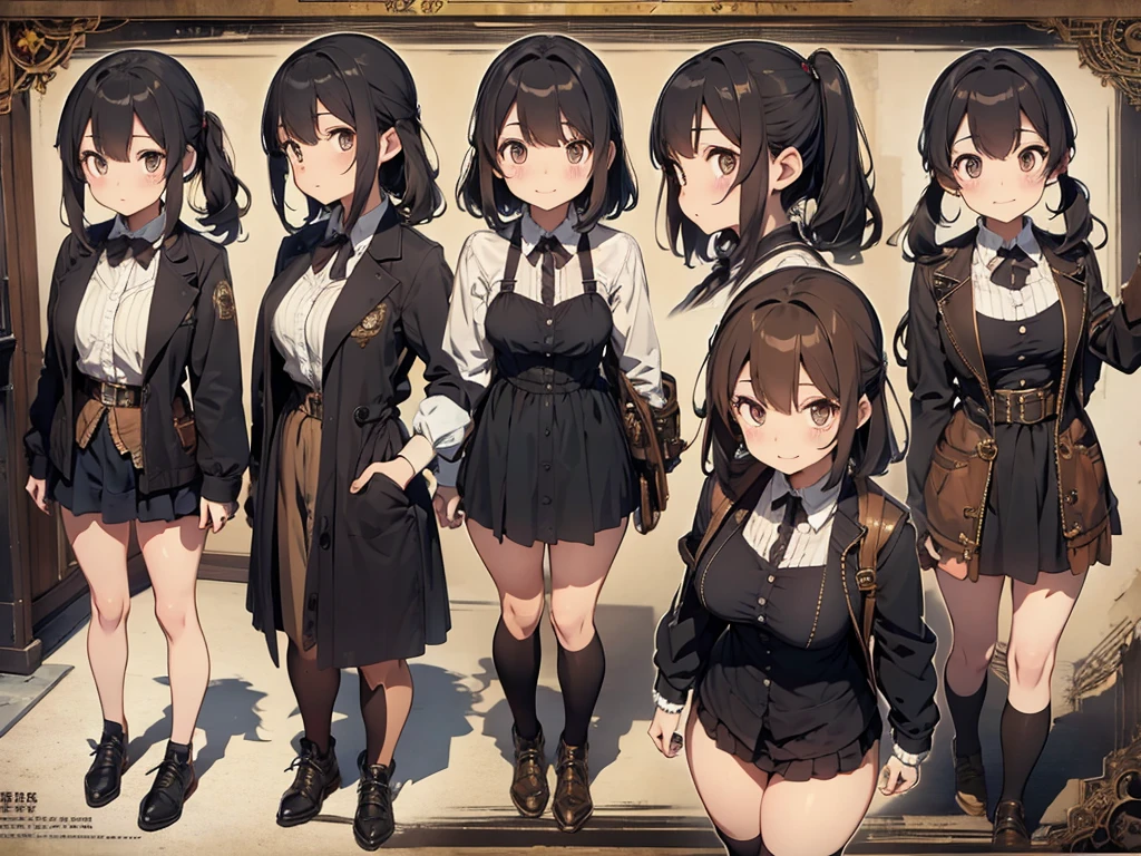 Distant eyes、Big Mouth、Low Nose、steampunk、Three-dimensional view、Front, side and back view、Character Sheet、Standing woman