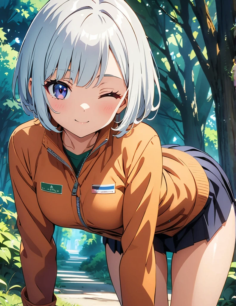 (anime artwork, anime style, studio anime, very detailed, up to date, vibrant, Anime Coloring, high contrast, masterpiece:1.2, best quality, best aesthetics),2 girl,hug from behind,army suit, pleated skirt, Medium chest, A glimpse of thighs,random hair, One eye is hidden by the bangs, perfect proportions, high detail skin, Cute, detailed faces,forest, precise fingers,panty shot ,roll over,supine pose
