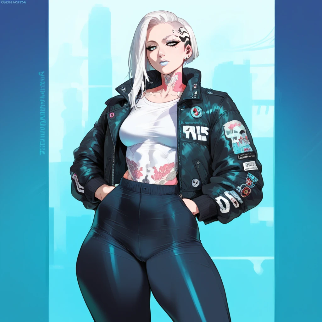 mixed_artwork style, 1 girl, standing alone, hands, beautiful woman, Asian, spiky white hair, vintage/cyberpunk Jacket, hip hop pants, panty hem, White lipstick, white eyes, face piercing, white tattoos on the body, printed skeletons, rebel, synthetic body, realistic, textures, 8K, perfect hand, perfect anatomy, visible curves, small Breasts