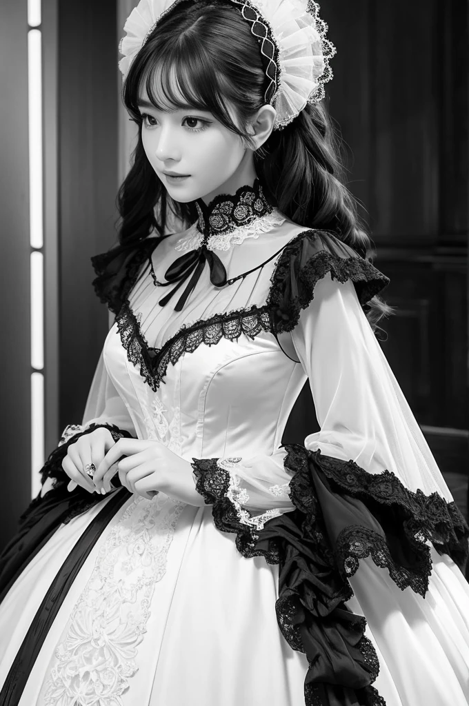 Adult coloring books、Black and white line drawing、A gorgeous Victorian-era ball gown decorated with delicate lace and lush frills.、A glamorous ball in the background