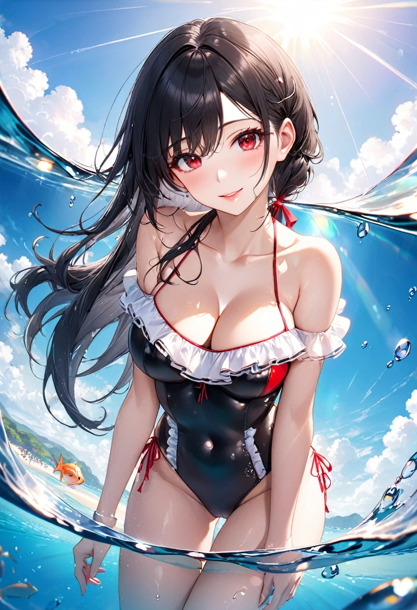 (pov sexy swimsuit style) (beautiful body), (solo:2, 18 yo, straight black hair very long hair cool sadist girl, sexy red eyes, glossy lip, love smile, big tits), (in a Layered frills cute Off-the-shoulder bikini swimsuit), break, in the sunshine Swimsuit contest venue, background beautiful ocean, Double Exposure beautiful rays, BREAK, perfect anatomy, masterpiece, best quality, 16k, beautiful detailed water, sexy, daydreaming expression.
