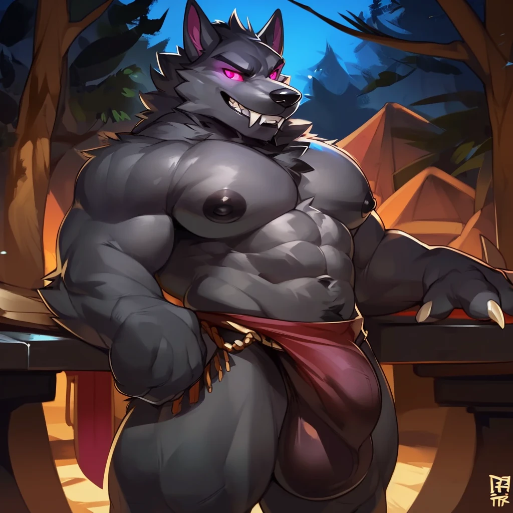 Solo, anthro, male (((wolf, werewolf, pink eyes, pink sclera, muscular, big pecs, black nipples, abs, dark grey fur, grey fur, long snout, canine teeth, sharp teeth, black lips, fangs, tusk, loincloth, big bulge))) standing, smirking, forest, park table, perfect anatomy, full body, by darkgem, by mystikfox61, by glitter trap boy