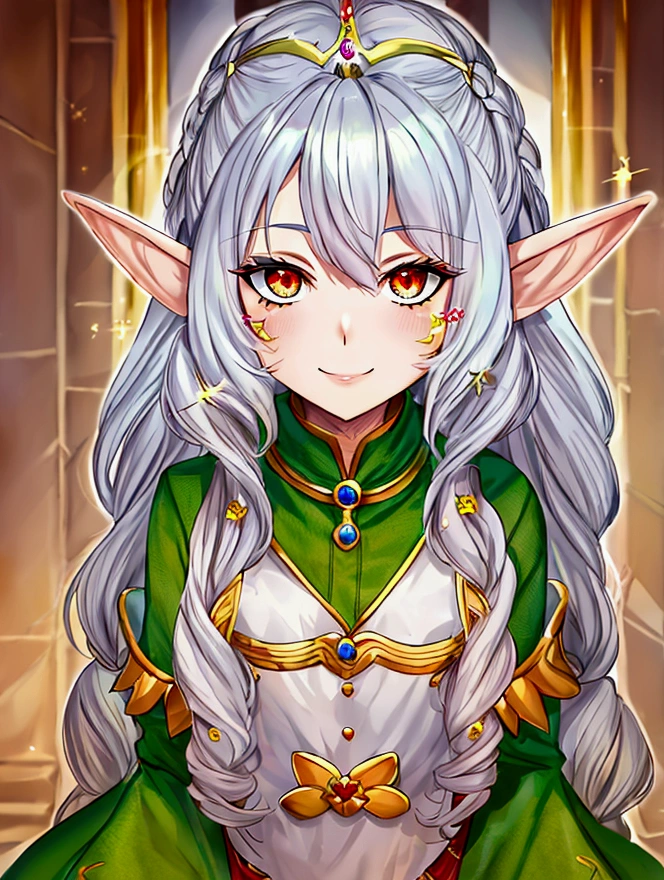 a closeup of a person with very long hair, chica eleven, a portrait of an elf, she has elf ears and golden eyes, neferpitou, portrait of an elf, (((mad))) princesa eleven, elf character with smile, una reina eleven, dnd elf girl character, Elfpunk, princesa eleven, eleven, teen chica eleven