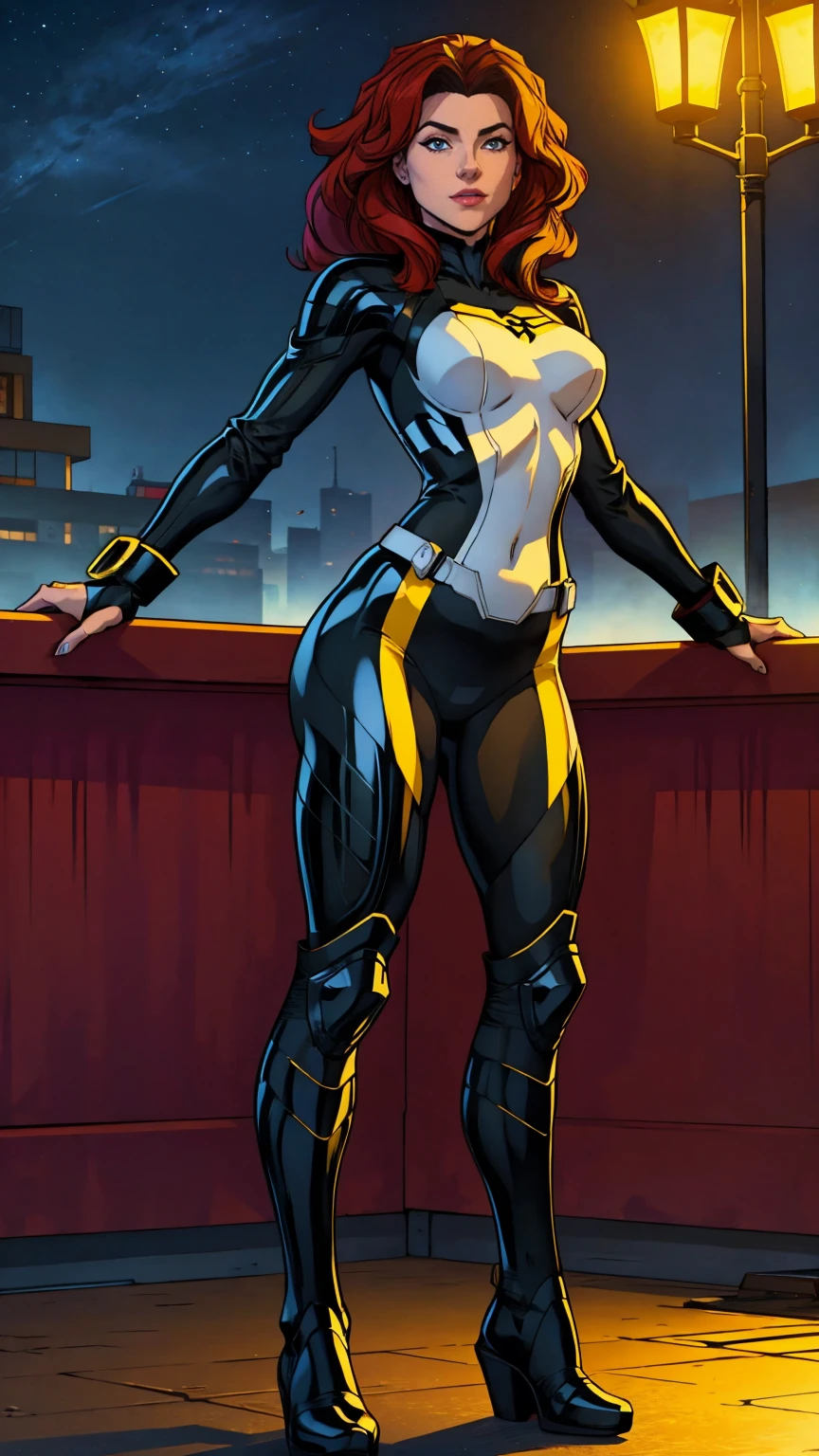 ((Full body photo, standing, feet on the ground)) (best quality, 4k, 8k, high resolution, masterpiece: 1,2), ultra-detailed, fishnet tights, (realistic, photorealistic, photorealistic: 1, 37), full body photo, Rogue, X-Men, yellow high boots, beauty pose, standing, show feet, outside, city roof at night, black and white uniform