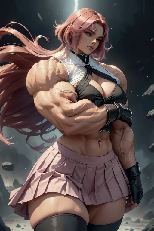 Ninja girl, cleopatra hair, pink hair, ponytail hair, extreme muscular body, huge breasts, huge ass, fair skin, fishnets, white ninja outfit, oni horns and blue eyes.