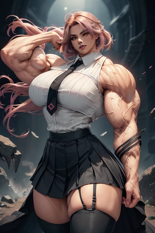 (((Massive tall, beautiful, buff, light brown skinned muscular woman with shocking pink hair, black lipstick, ginormous bulky muscles, winds blowing and wearing a white pleated shirt with beautiful long pleated skirt))), (close view), massive muscles, angled bob cut, red eyes, choker, ((pink pleated shirt and tie)), neck tie, ((beautiful long pleated skirt)), belt, thigh high socks, black boots, (Dark and moody universe:1.3), (in front of a disaster), closed smile, night, massive muscles