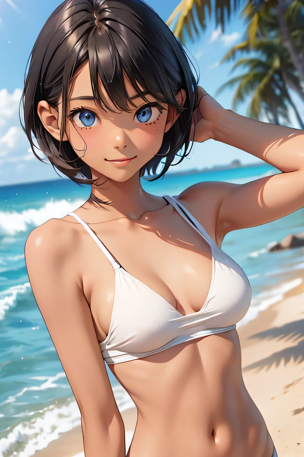 Highest quality、Realistic、、zoom、、Primary school students、man、low length、cute、Light grey eyes、Black Hair、short hair、Tanned brown skin、Dark Skin、Upper body naked、Light blue Ocean swimwear、smile、Ocean