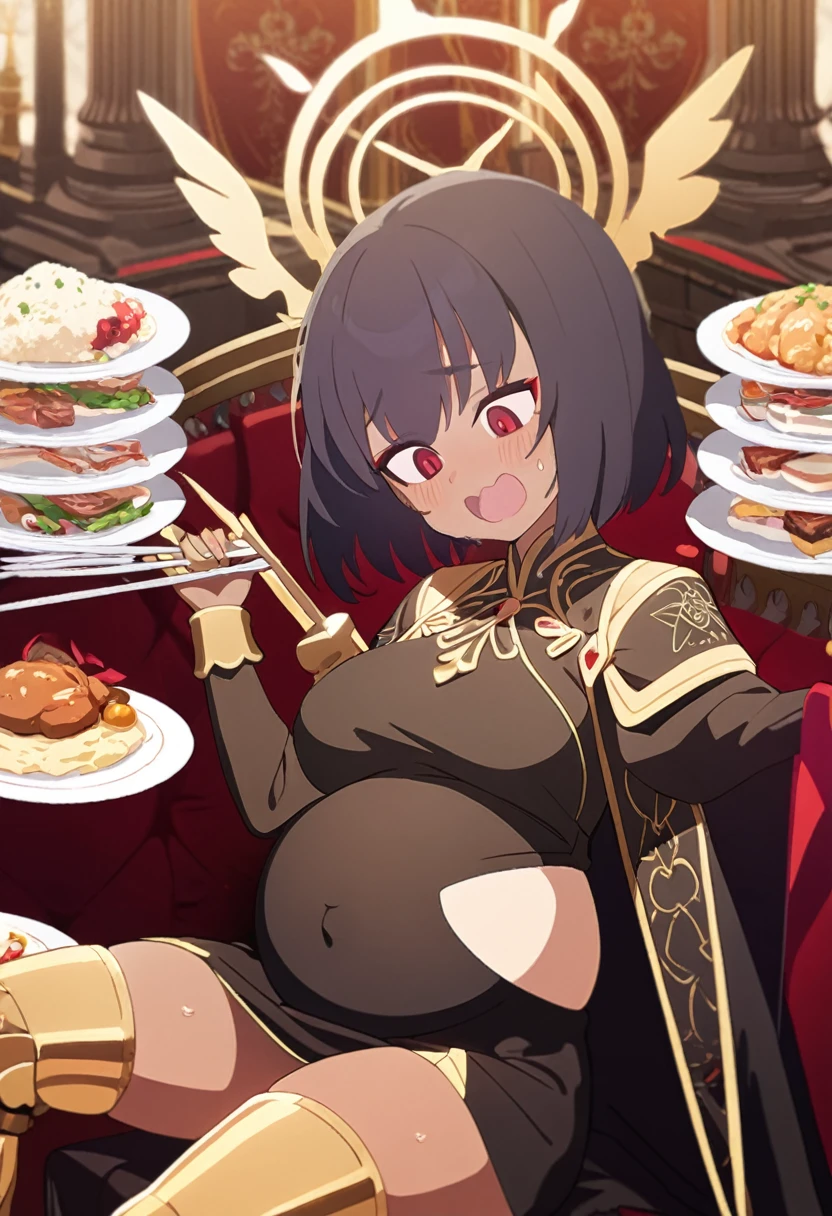 1girl, tanned skin, golden halo, black hair, very short hair, winged, bronze dress, red details, long sleeves, red eyes, palace ambience, golden aura, sitting, throne, prosthetic legs, several plates, food, feast, sweating, panting, big belly, stuffed, overfeed
