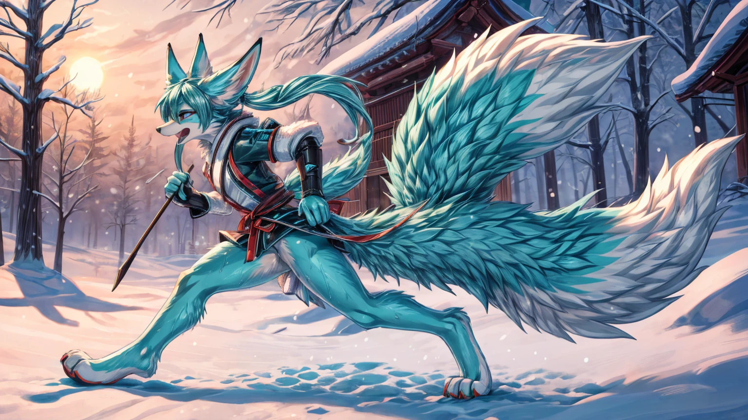 The best quality, Japanese adolescent hatsune miku x kitsune , fox face elongated snout add-detail, Surprise face, sweaty body, heated add_detail,, kitsune warrior in the snow add_detail:1, Whole body, barefoot add_detail:1 mistycal aura