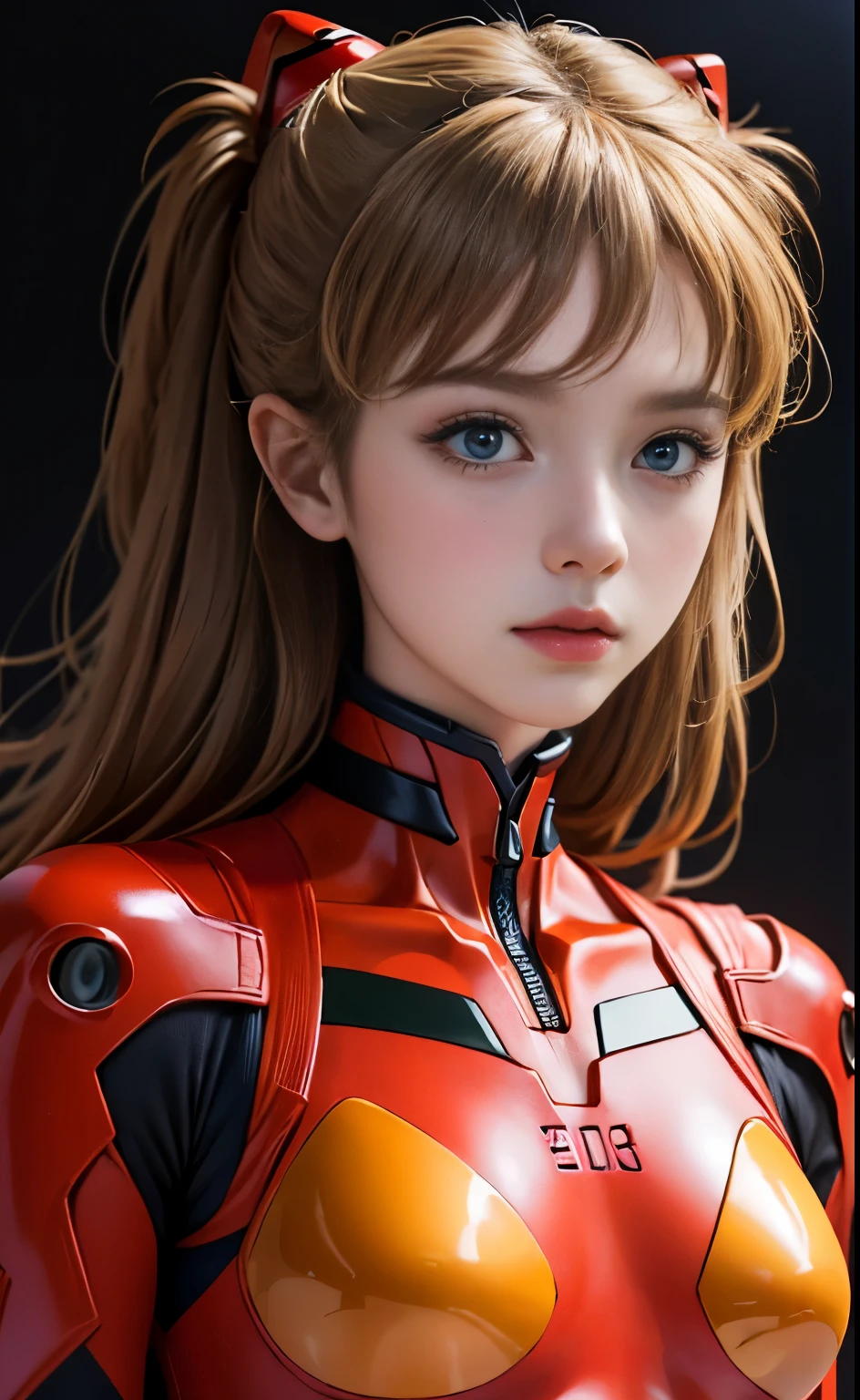 (masterpiece:1.4、Highest quality)、(Intricate details)、Unity8k wallpaper、Ultra-detailed、Beautiful and mysterious、Detailed Background、Realistic、solo、Perfectly detailed face、Detailed blue eyes、Very detailed、blush、hair ornamentahogany Hair Chignon、(Blonde)、Plug Suit 02,Shikinami Asuka Langley、Evangelion、Looking into the camera、Look forward、cute、Full Body Suit、Black Background、Large Breasts