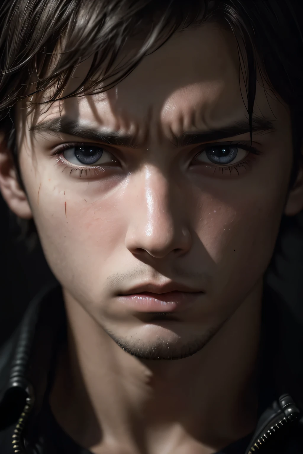 a close-up portrait of a young man, intense desperate expression, deep sorrowful eyes, mesmerizing gaze, sharp facial features, striking chiaroscuro lighting, dramatic shadows, moody and haunting atmosphere, cinematic quality, hyperrealistic, masterpiece, award-winning photograph, 8k, high resolution