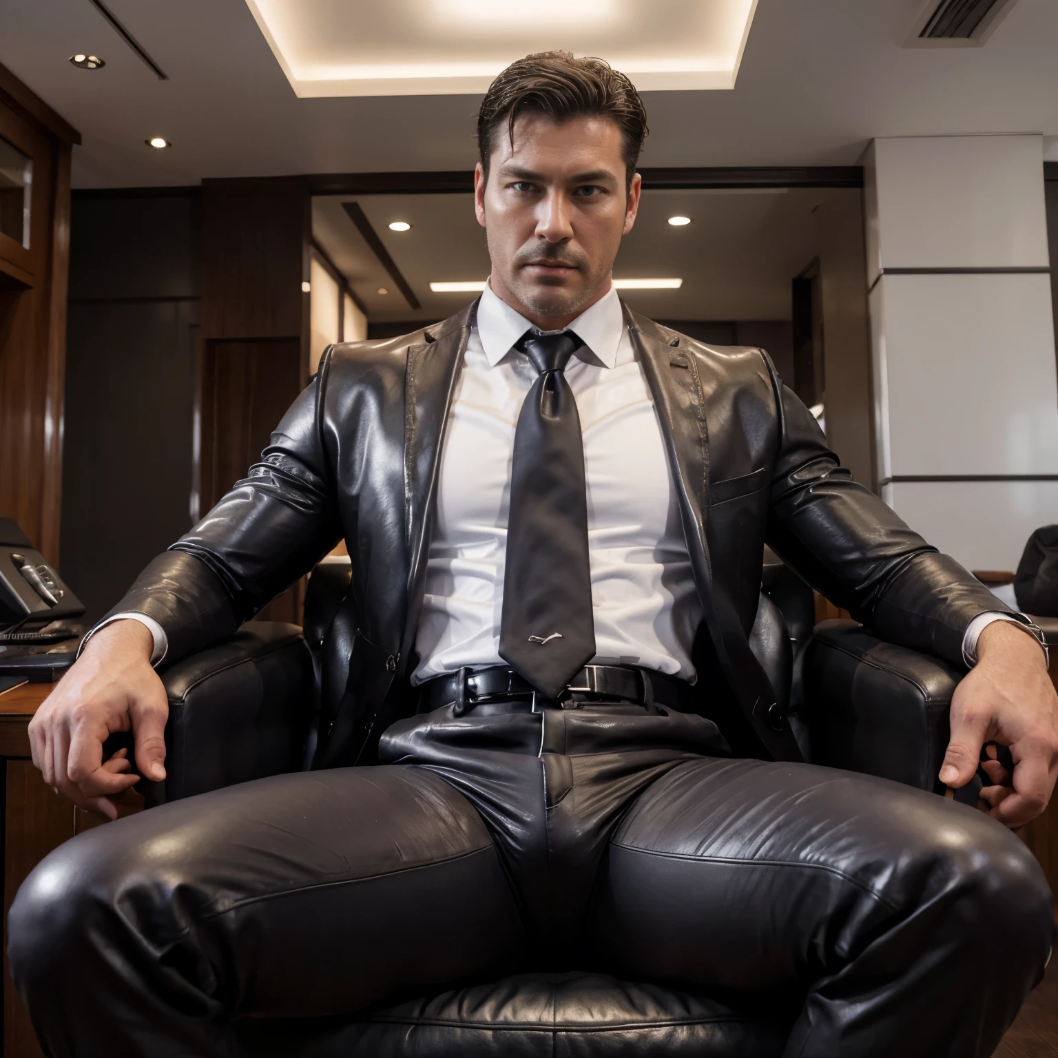 30 years old, The young daddy, very handsome, wear "very shiny suit", wear white shirt, very glossy pants, necktie, waistcoat, shiny satin trousers, wear leather belts, dark gray satin fabric ,Dad sit back against the chair and spread your legs, k hd,in the office,"big muscle", "Dad is so big" , masculine hairstyle, asia face, masculine, strong man, the boss is, handsome, leather gloves, lecherous dad, look straight ahead,dad is handsome,dad is handsome, dad is "big horny daddy"