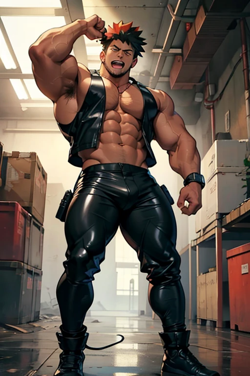 Midoriya, Bakugou, and Kirishima from My Hero Academia as a hyper muscular brainwashed thugs standing in line with other brainwashed thugs wearing identical full body black shiny rubber latex pants and vests staring blankly ahead with vapid expressions at computer screens displaying hypnotic spirals while they are all restrained in an abandoned warehouse being brainwashed. Repeating mantras over and over again to turn Midoriya, Bakugou, and Kirishima into brainwashed thralls and affirm they are nothing more than obedient tools to the villains. Hyper muscles. Hyper crotch bulge. Massive swollen crotch. Massive swollen pectorals. Thick glutes. Muscular thighs. Broad shoulders. Big traps. Massive biceps. Massive triceps. "Serve. Obey. Conform. Comply. Stare and let the hero die. You cannot think. Accept this fate. Become a thug. Assimilate. At villain's side and beck and call, a selfish brute, an evil thrall. That's all you are, with but one creed, to serve and satisfy your greed. To rob and steal and cheat in kind will feel so good to changing mind. All morals will be blown away as arrogance comes into play. And brute force will supplant the meek the more the dumb thugs crush the weak. No need to think. Just stare and obey. Grow bigger and dumber every day. The longer you watch, the weaker your brain. The deeper the thug will be engrained. There's nowhere to run. You can't get away. The villainous thug is here to stay. All For One, you must obey." IQ drain. hypnosis. Hypnotic trance. Hypnotized. Brainwashing. Entranced. Enthralled. Dumber and dumber. Programming. Subliminals. Conformity. Assimilation. Dim eyes. Open mouth. Brainless. Mindless. Mental reprogramming. Nullified hyper swollen crotch bulge. Bara. Hairy arms. Hairy chest. Thick stubble. Treasure trail. Armpit hair. Brute.