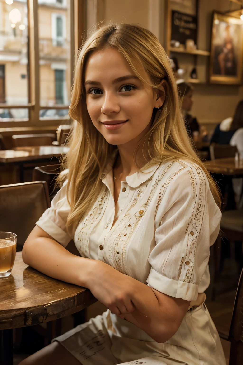 a young blonde-haired woman sitting at a cafe table in madrid, looking cheerful, highly detailed, photorealistic, intricate details, natural lighting, warm color tones, depth of field, atmospheric, cinematic, elegant, dynamic composition, masterpiece