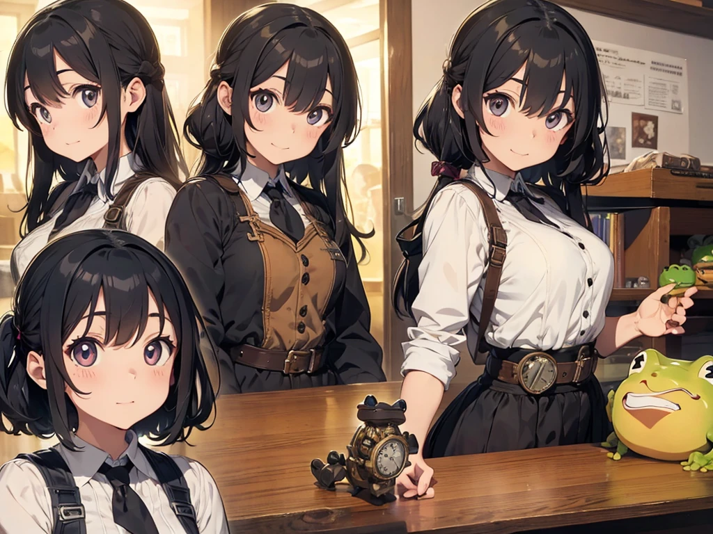 Frog face、Distant eyes、Big Mouth、Low Nose、steampunk、Three-dimensional view、Front, side and back view、Character Sheet、Standing woman