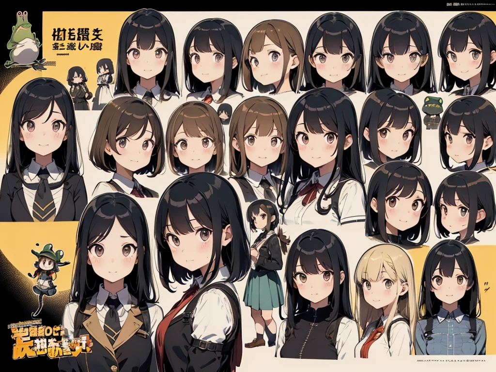 Frog face、Distant eyes、Big Mouth、Low Nose、steampunk、Three-dimensional view、Front, side and back view、Character Sheet、Standing woman