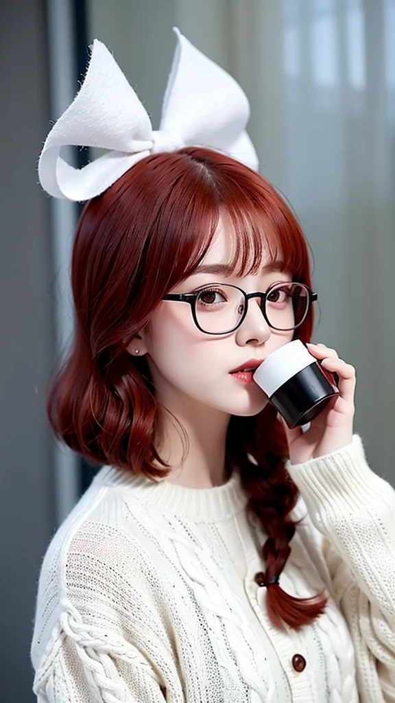 A girl with black glasses, red hair, medium short hair, fringe, white ribbon on the back of the head, white winter wool sweater with buttons, drinking coffee, white ribbon behind the head, Red hair, loose hair, white ribbon on the back of the head, black lenses, button sweater, Red hair