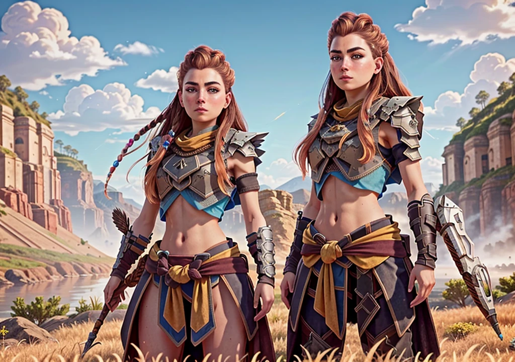 AloyHorizon, solo, long hair, brown hair, hair ornament, navel, brown eyes, aming with a bow, outdoors, parted lips, sky, day, midriff, red hair, from behind, armor, blue sky, lips, looking away, thick eyebrows, shoulder armor, freckles, showing big ass, half naked, full body. 