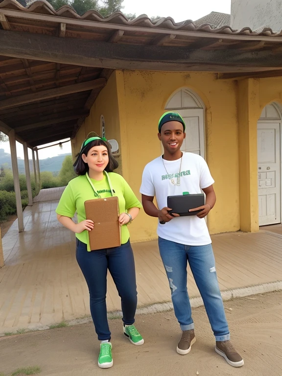 Friends together posing for a photo, a 30 year old white woman, dark straightened hair and a green visor on his head, 25 year old black man with short straight black hair 