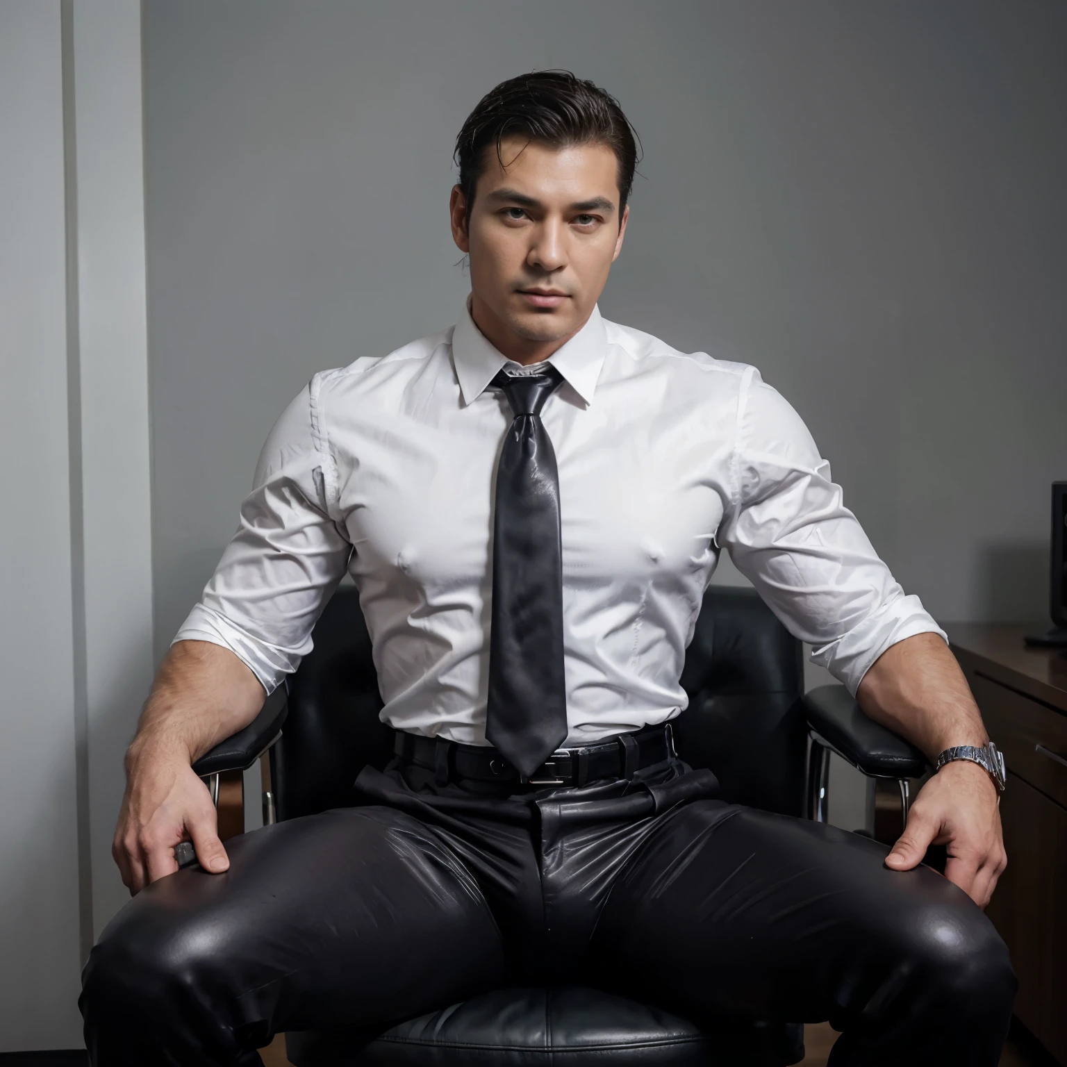 30 years old, The young daddy, very handsome, wear "very shiny suit", wear white shirt, very glossy pants, necktie, waistcoat, shiny satin trousers, wear leather belts, dark gray satin fabric ,Dad sit back against the chair and spread your legs, k hd,in the office,"big muscle", "Dad is so big" , masculine hairstyle, asia face, masculine, strong man, the boss is, handsome, leather gloves, lecherous dad, look straight ahead,dad is handsome,dad is handsome, dad is "big horny daddy"