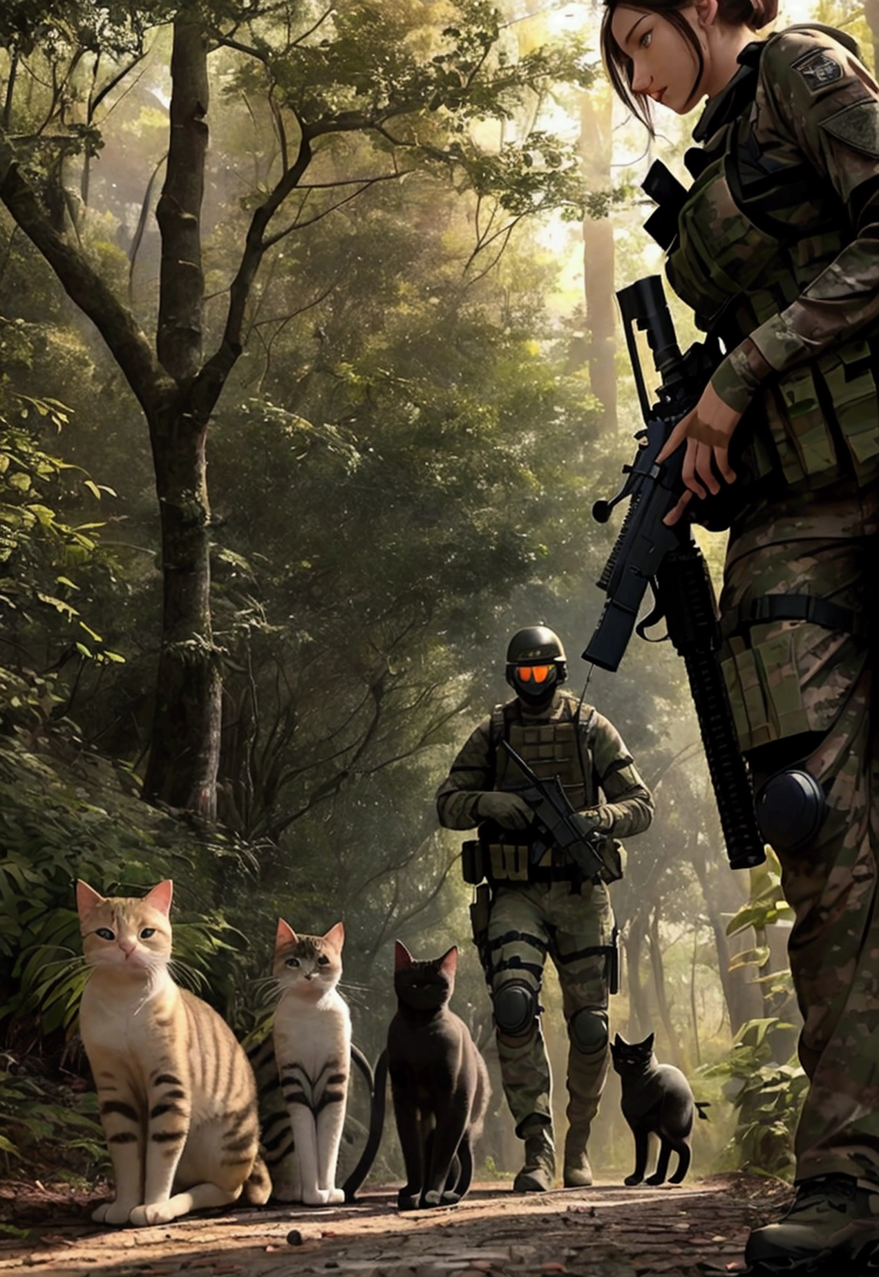 Illustrate an ultra-realistic and professional scene featuring a squad of elite special forces cats heavily armed and walking through a dense forest at sunset. Each cat is outfitted in detailed tactical gear, including body armor, weapons, and communication devices. The scene captures the golden hues of the setting sun filtering through the trees, casting a warm glow over the squad. The cats are moving in formation, displaying a sense of readiness and vigilance. The background should include realistic forest elements, such as trees, underbrush, and dappled light. The cats' expressions should reflect determination and focus, embodying the essence of elite special forces operatives on a mission. Key Elements to Include: Squad of cat special forces members in detailed tactical gear. Each cat heavily armed with realistic weaponry. Dense forest setting with the warm glow of sunset filtering through the trees. Cats moving in formation, displaying readiness and vigilance. Realistic forest elements, including trees, underbrush, and dappled light. Cats' expressions reflecting determination and focus. Style: Ultra-realistic with meticulous attention to detail, capturing the intensity and beauty of the scene.